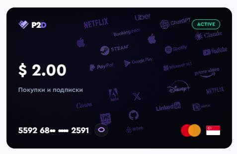 Виртуальная карта P2D после выпуска с балансом и реквизитами карты